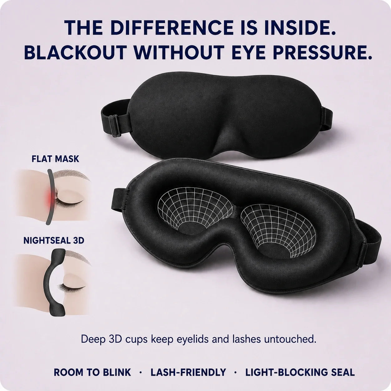 NightSeal 3D Sleep Mask — blackout without eye pressure, with deep eye cups that keep eyelids and lashes untouched