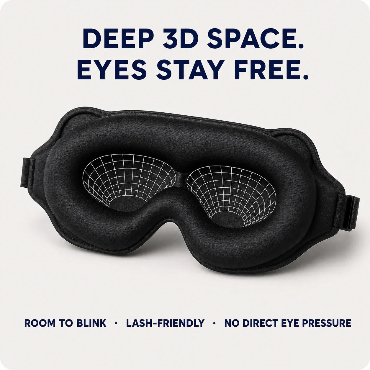 Close view of NightSeal deep 3D eye cups with room around the eyelids and lashes