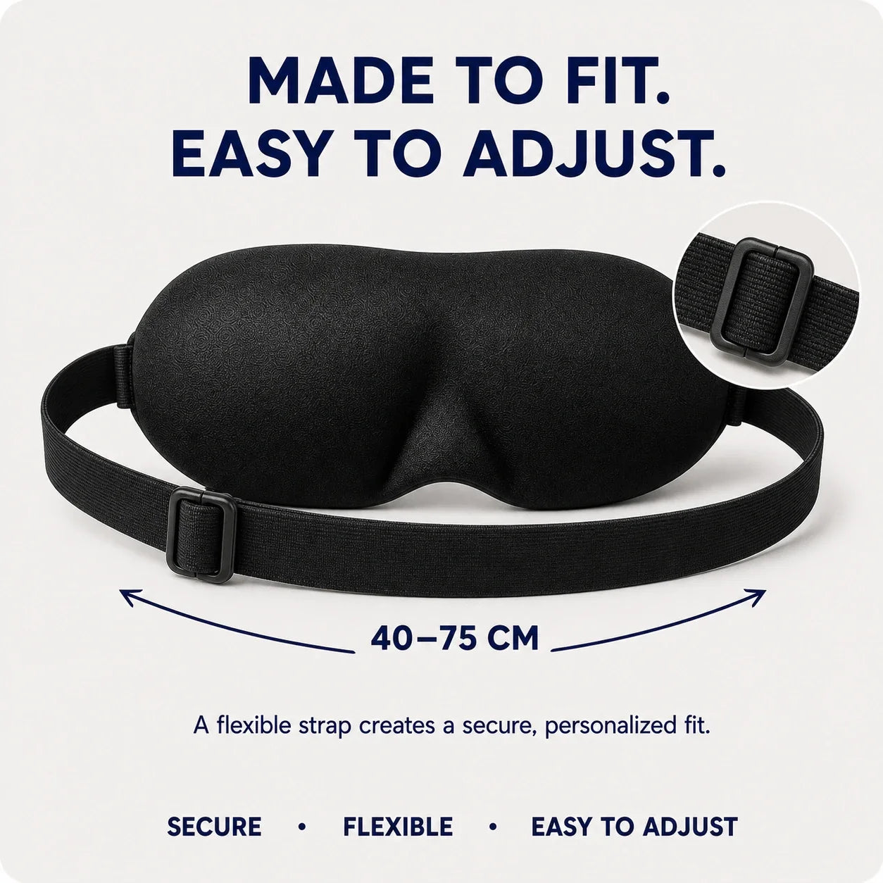 NightSeal sleep mask with adjustable 40 to 75 centimeter elastic strap