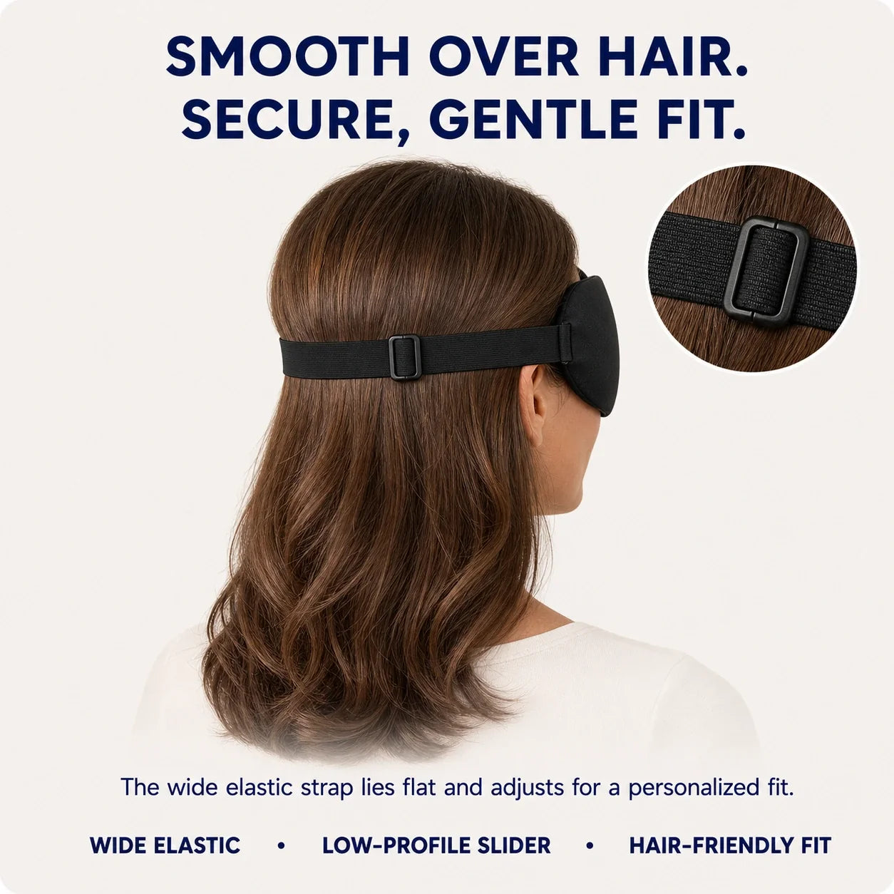 NightSeal wide adjustable strap lying flat over a woman's hair