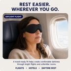 NightSeal sleep mask worn while resting during a daylight flight