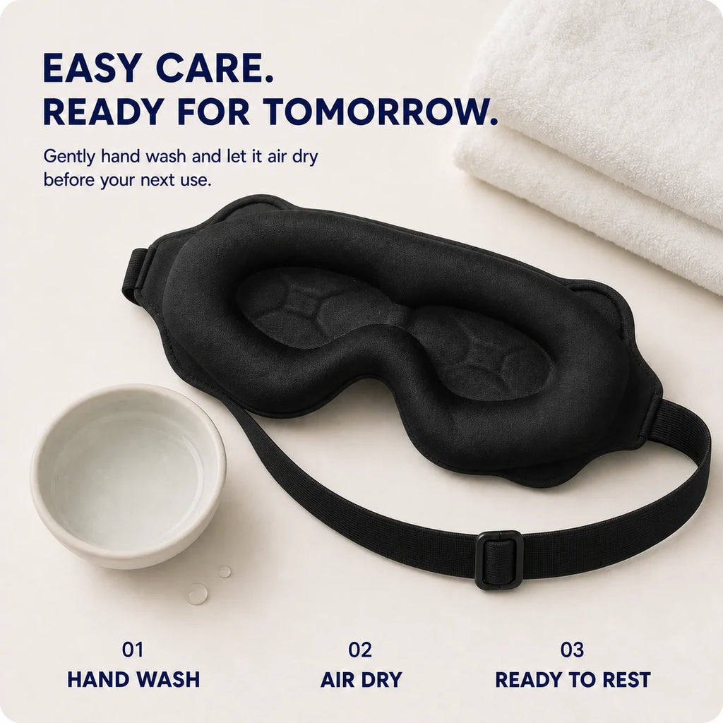 NightSeal sleep mask beside water and a towel for gentle hand washing and air drying