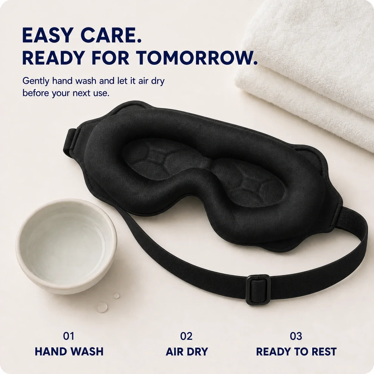 NightSeal sleep mask beside water and a towel for gentle hand washing and air drying